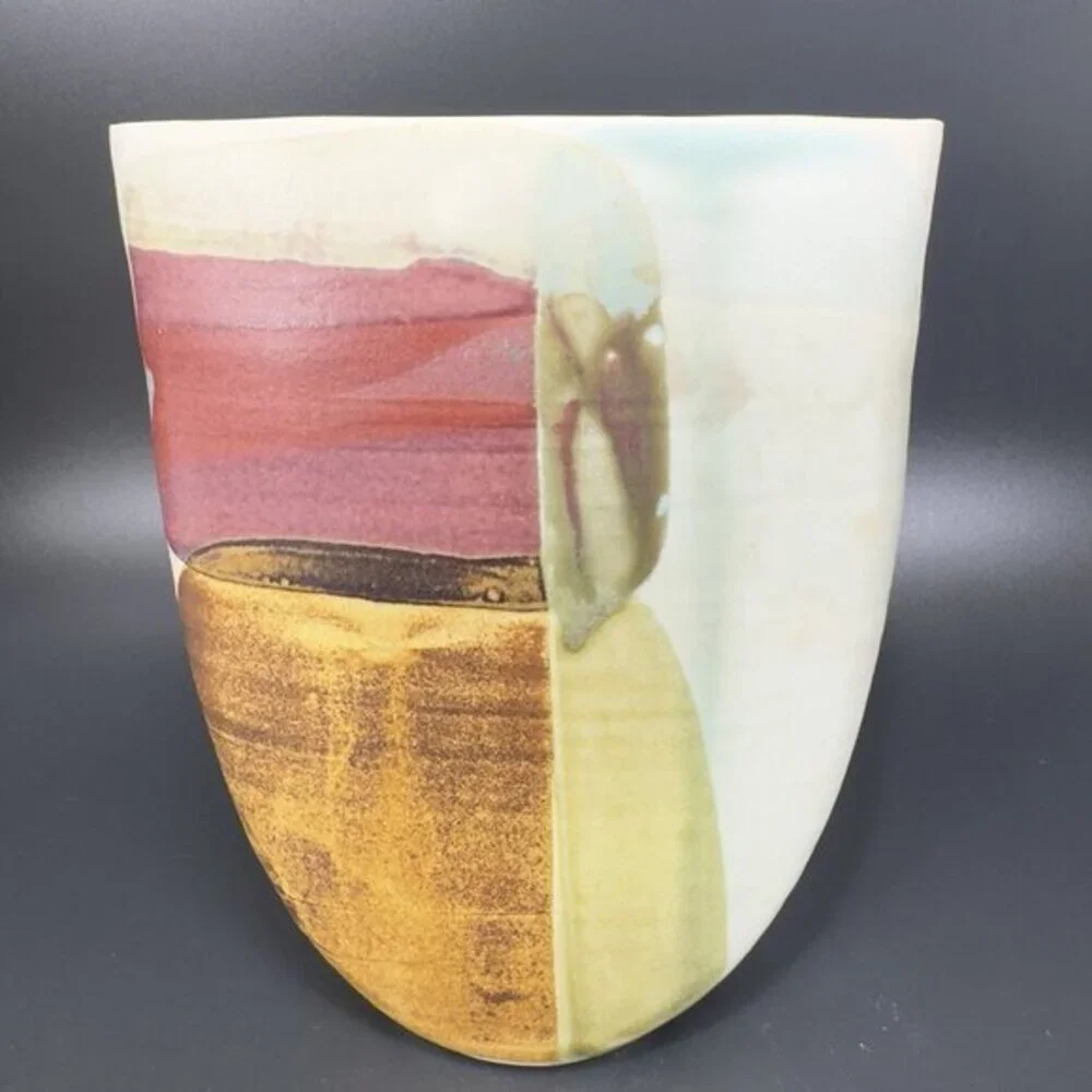 Vintage Hand Made Pottery Vase Vessel Flat Side Stoneware Art Marked Vase Vessel